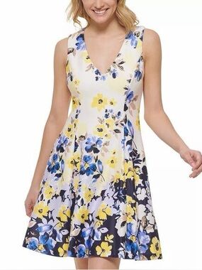Women’s Vince Camuto Scuba Floral Fit & Flare Dress - Yellow & Blue